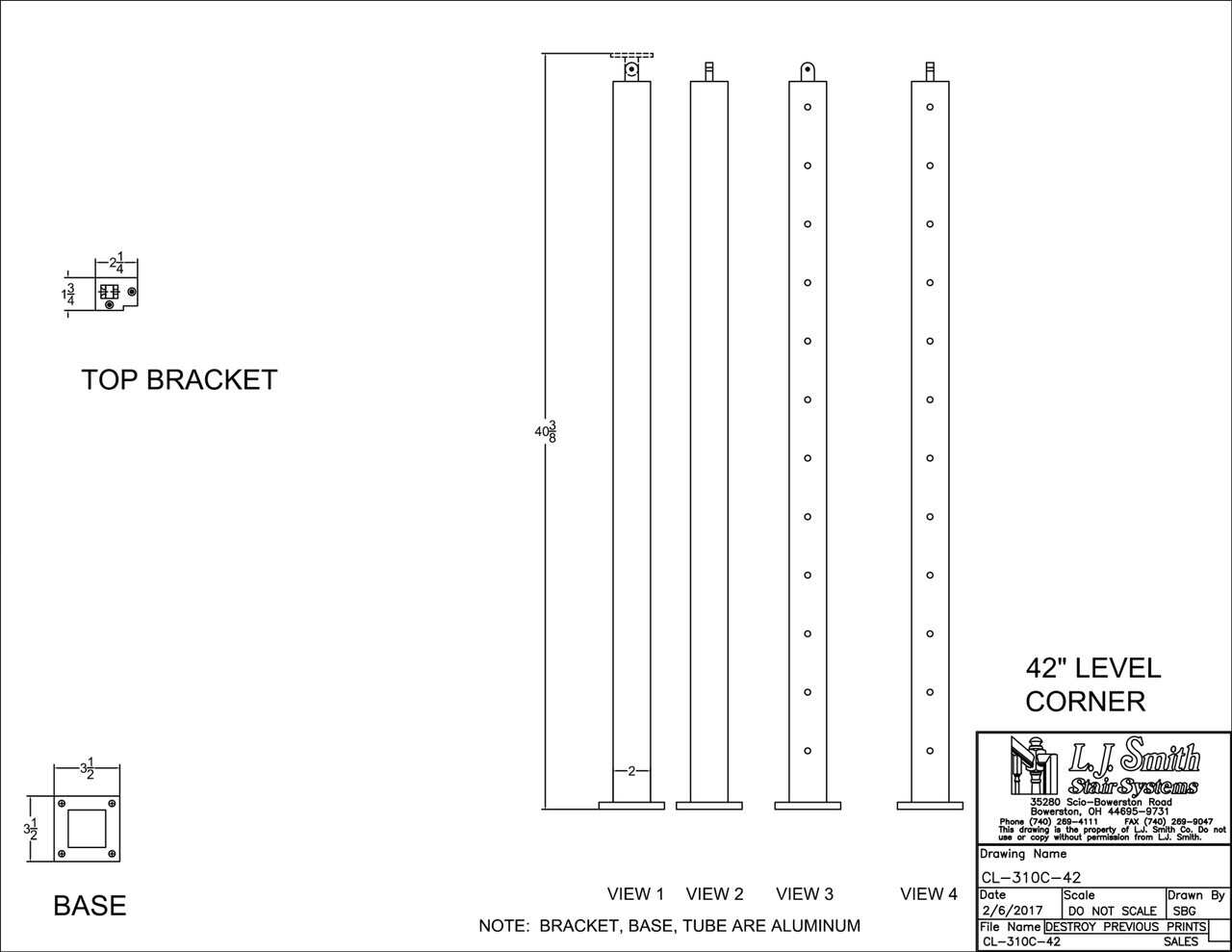 Cable System - Metal Newel 42" System - Level Corner Newel - CL-310C-42-LSB