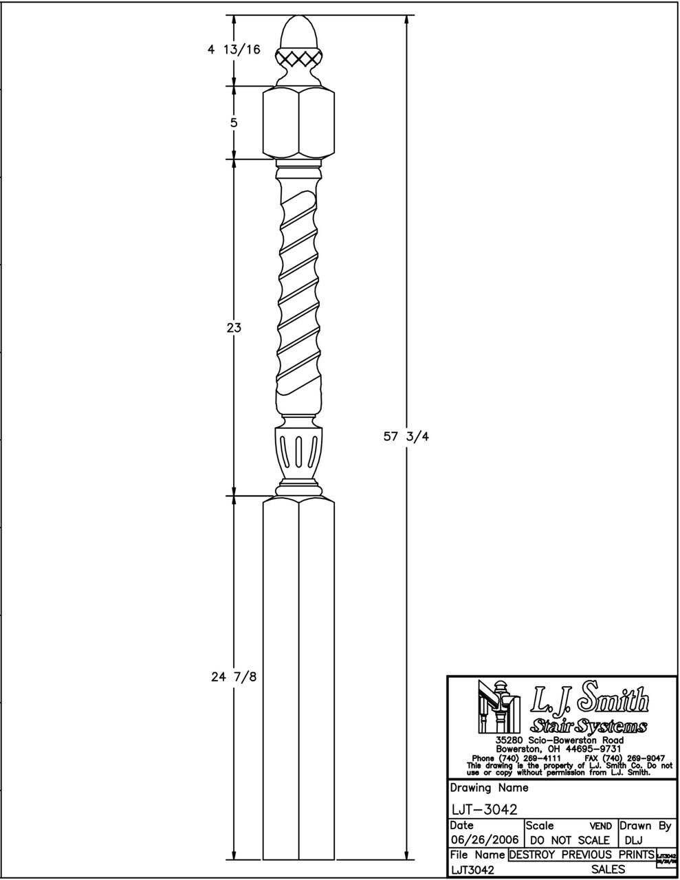 LJT-3042 - Acorn Top Twist Newel - 3-1/2" Square x 58"