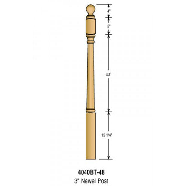 4040BT-48 - Traditional Ball Top Newel - 3" Square x 48"