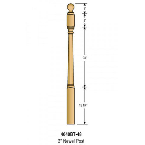 4040BT-48 - Traditional Ball Top Newel - 3" Square x 48"