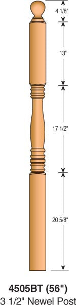 4505BT-56 - Hampton Ball Top Newel - 3-1/2" Square x 56"