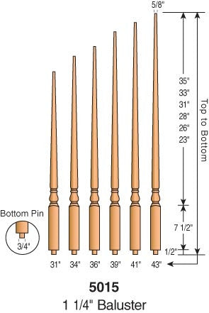 S-5015  - Colonial Pin Top Baluster - 1-1/4" Square