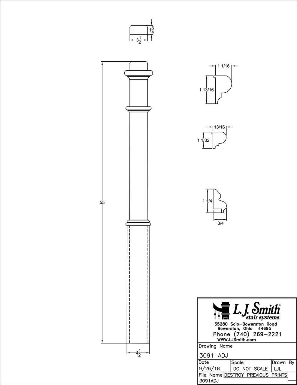 3091 - Plain Panel Traditional Box Newel 4-1/2" Square x 55"