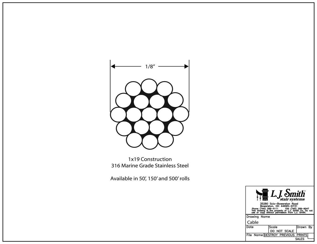 CABLE-050-SS - 50' of 1/8" Marine Grade 316 Stainless Steel Cable