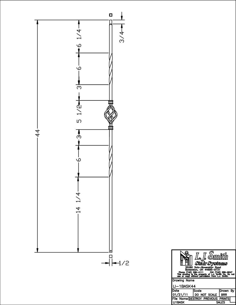 LI-1BASK44 — Single Basket Baluster (1/2" Square Solid)