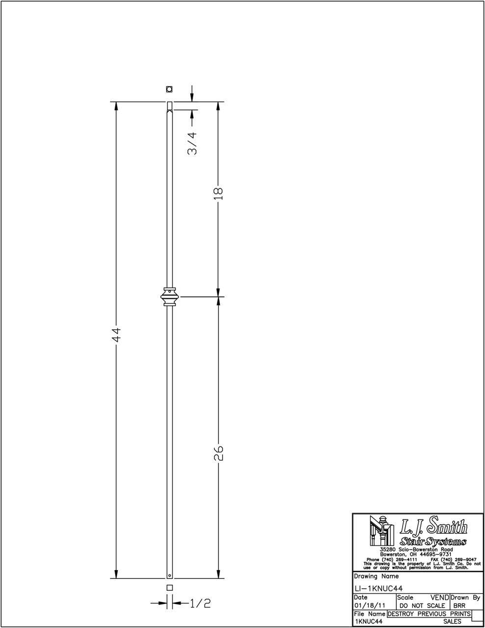 LI-1KNUC44 — Single Knuckle Baluster (1/2" Square Solid)