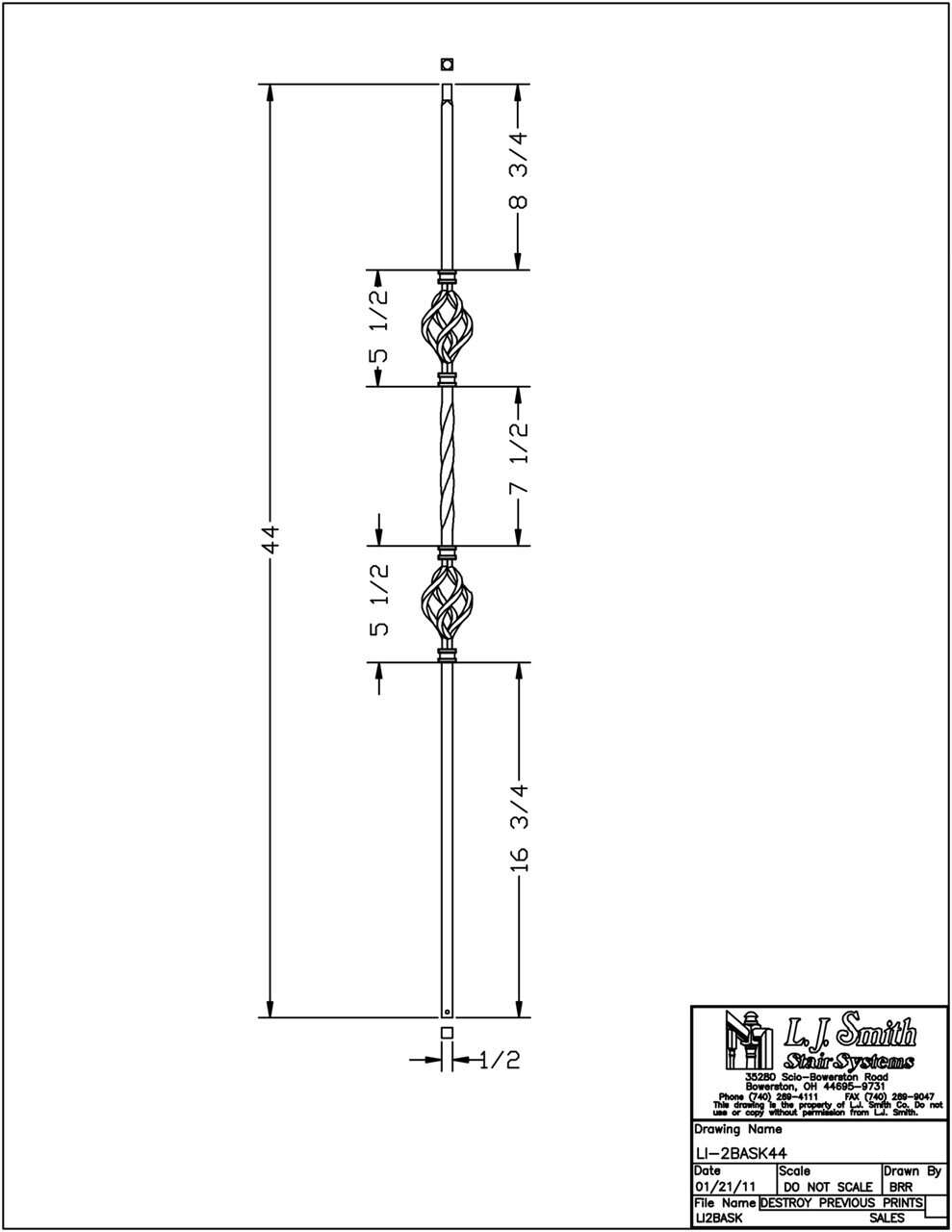 LI-2BASK44 — Double Basket Baluster (1/2" Square Solid)