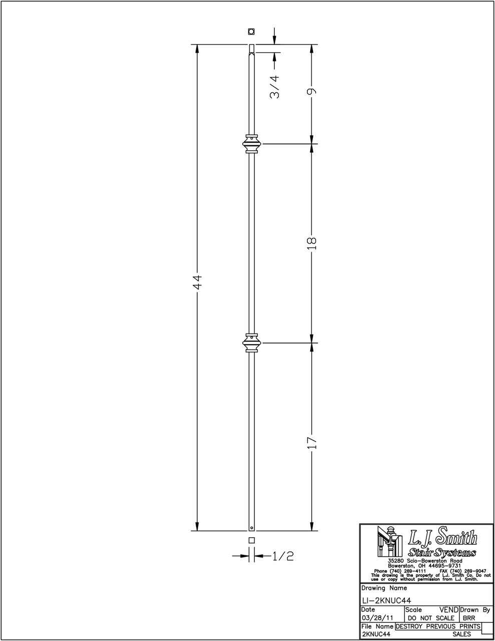 LI-2KNUC44 — Double Knuckle Baluster (1/2" Square Solid)