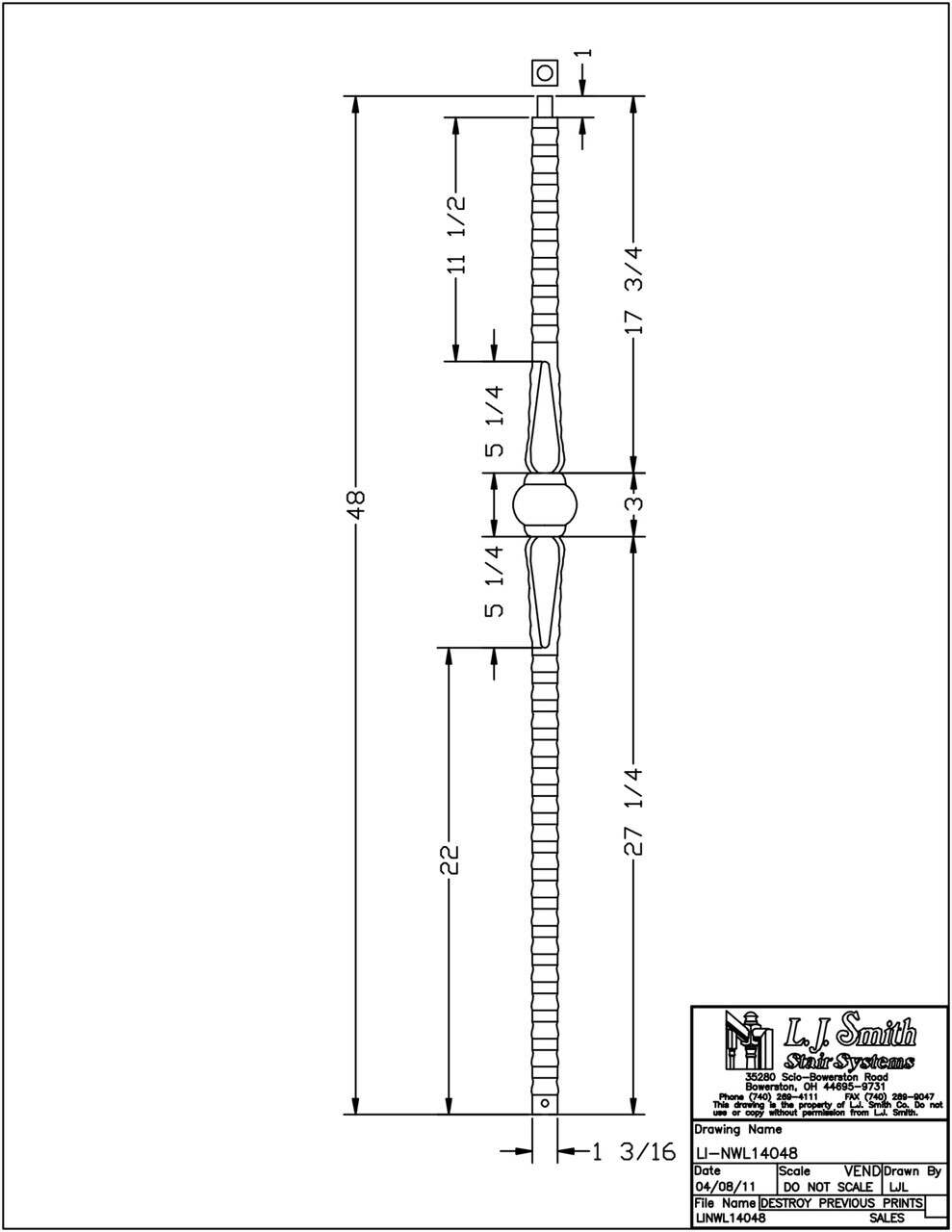 LIH-NWL14048 - Single Knuckle 1-3/16’’ Square Hollow Iron Newel