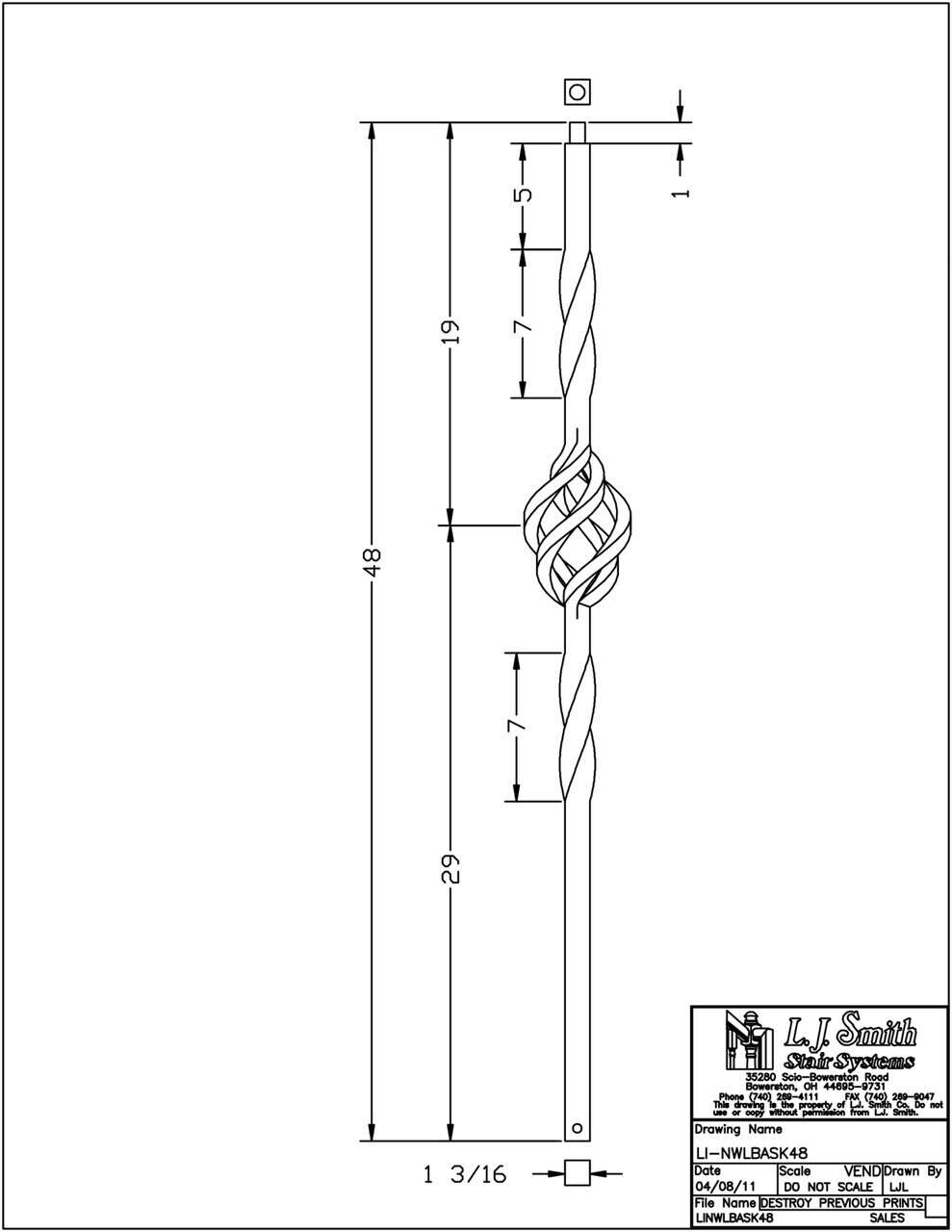 LIH-NWLBASK48 - Single Basket Twist 1-3/16" Square Hollow Iron Newel