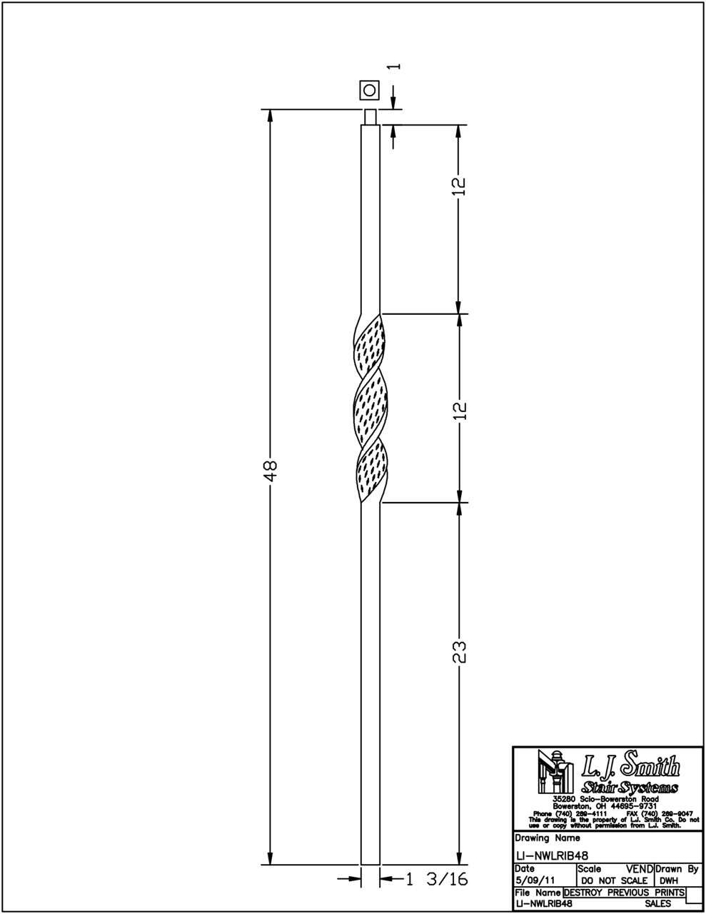 LIH-NWLRIB48 - Single Ribbon 1-3/16" Square Hollow Iron Newel