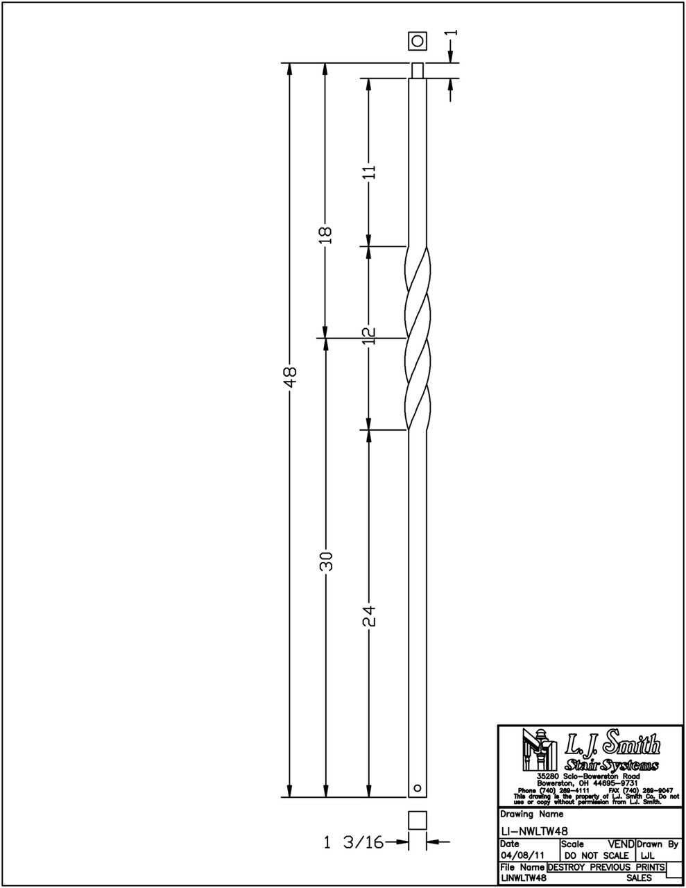 LIH-NWLTW48 - Single Twist 1-3/16’’ Square Solid Iron Newel