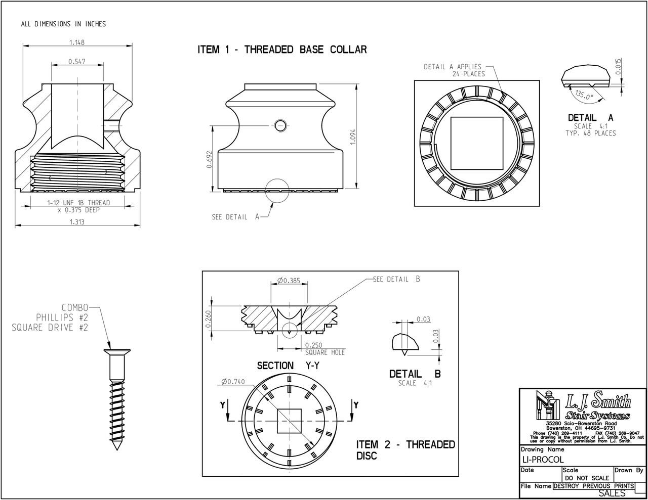 LI-PROCOL — Base Collar with Threaded Disc for 1/2" Square Iron Balusters