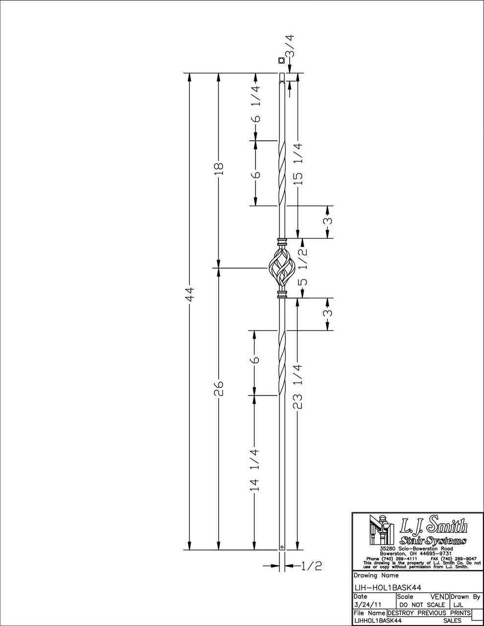 LIH-HOL1BASK44 — Single Basket Iron Baluster (1/2" Square Hollow)