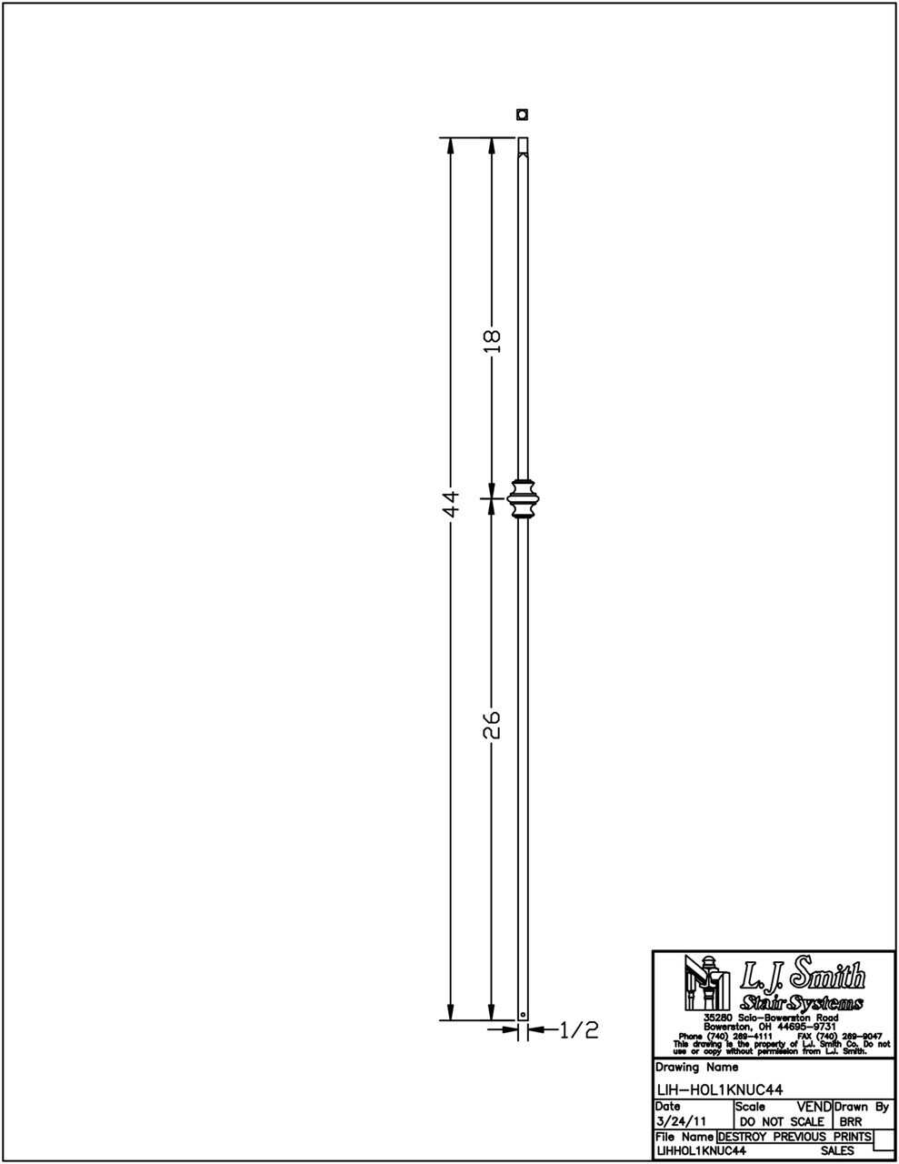 LIH-HOL1KNUC44 — Single Knuckle Iron Baluster (1/2" Square Hollow)