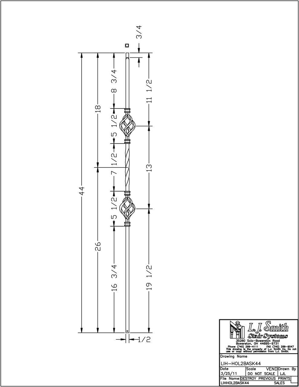 LIH-HOL2BASK44 — Double Basket Iron Baluster (1/2" Square Hollow)