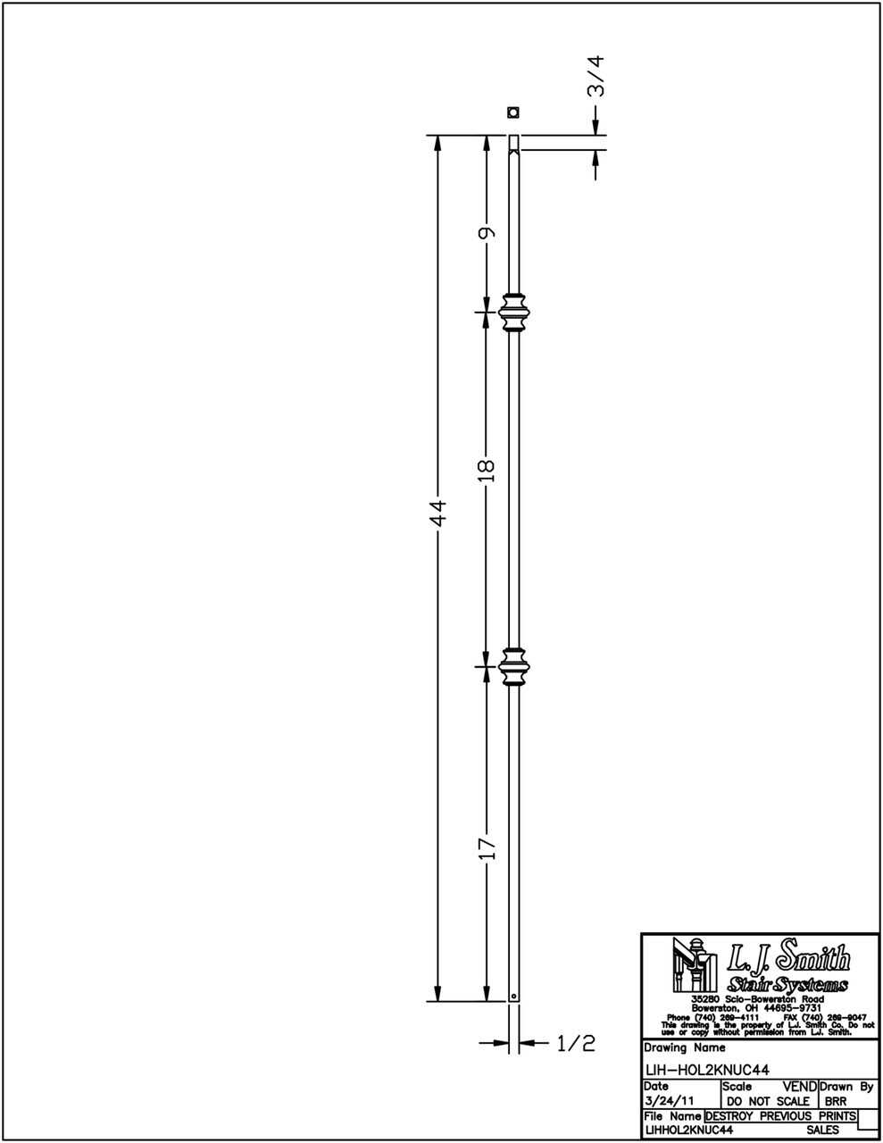 LIH-HOL2KNUC44 — Double Knuckle Iron Baluster (1/2" Square Hollow)