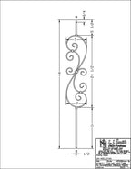 LIH-HOL30144 — Large Scroll 44" Iron Baluster (1/2" Square Hollow)
