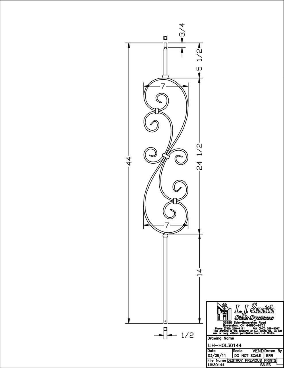 LIH-HOL30144 — Large Scroll 44" Iron Baluster (1/2" Square Hollow)