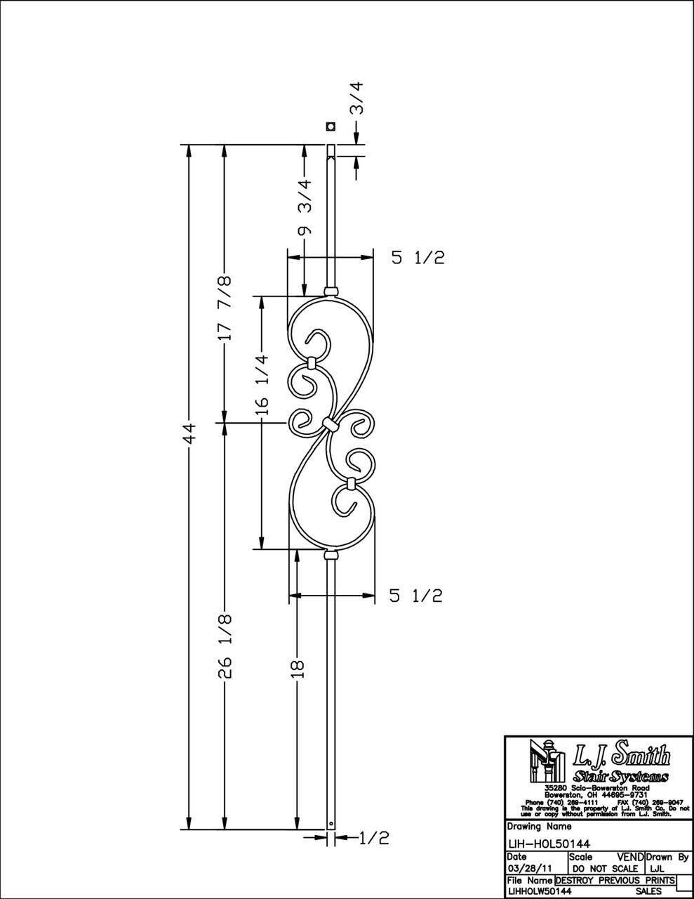 LIH-HOL50144 — Small Scroll Iron Baluster (1/2" Square Hollow)