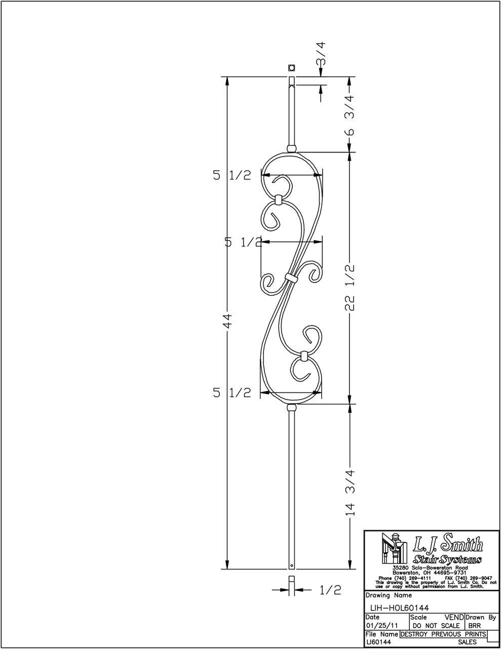 LIH-HOL60144 — Skinny Scroll 44" Iron Baluster (1/2" Square Hollow)