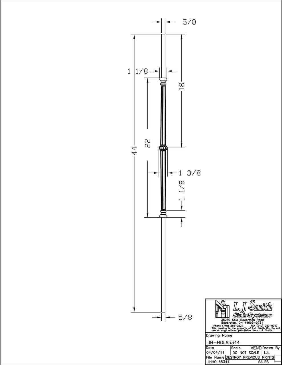 LIH-HOL65344 — Fluted Bar with Knuckles Baluster (5/8" Hollow Round)