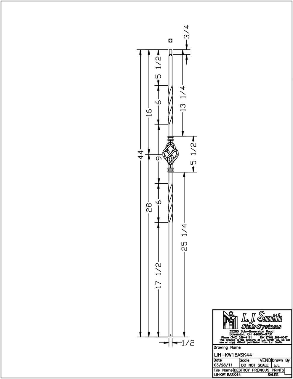 LIH-KW1BASK44 - Kneewall Single Basket 44" Iron Baluster (1/2" Square Hollow)