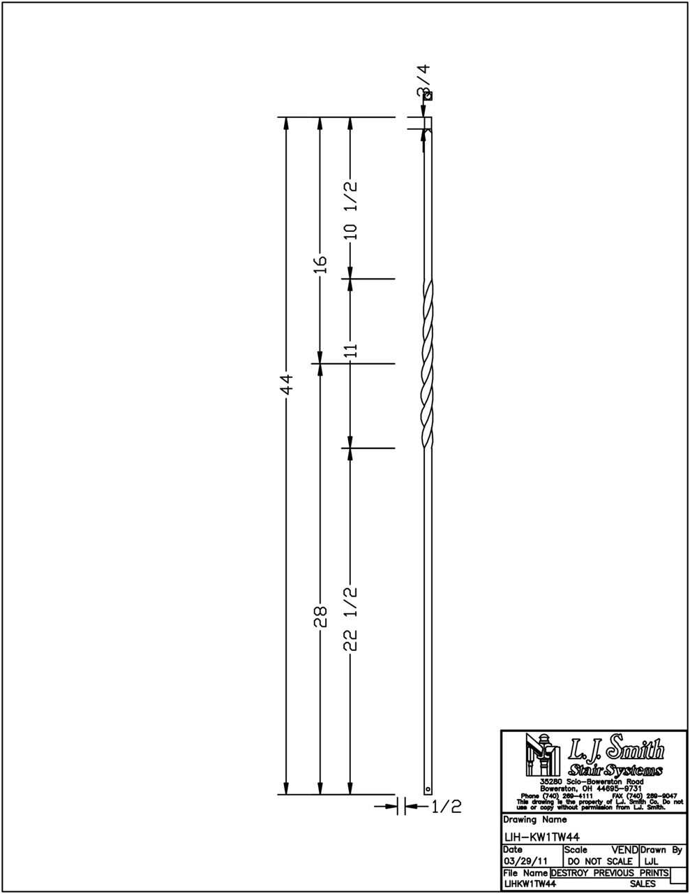 LIH-KW1TW44 - Kneewall Single Twist 44" Iron Baluster (1/2" Square Hollow)