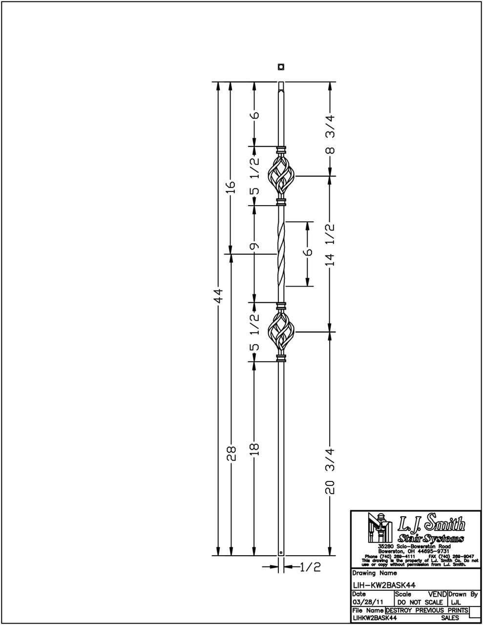 LIH-KW2BASK44 — Kneewall Double Basket 44" Iron Baluster (1/2" Square Hollow)