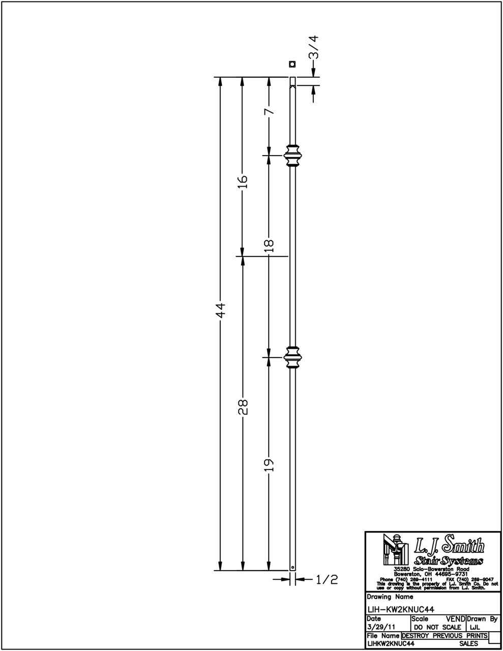 LIH-KW2KNUC44 - Kneewall Double Knuckle 44" Iron Baluster (1/2" Square Hollow)