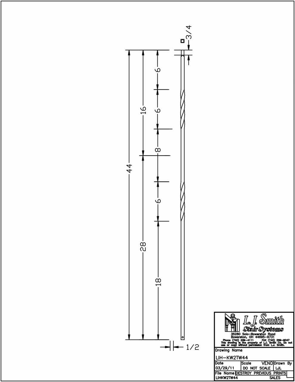 LIH-KW2TW44 - Kneewall Double Twist 44" Iron Baluster (1/2" Square Hollow)