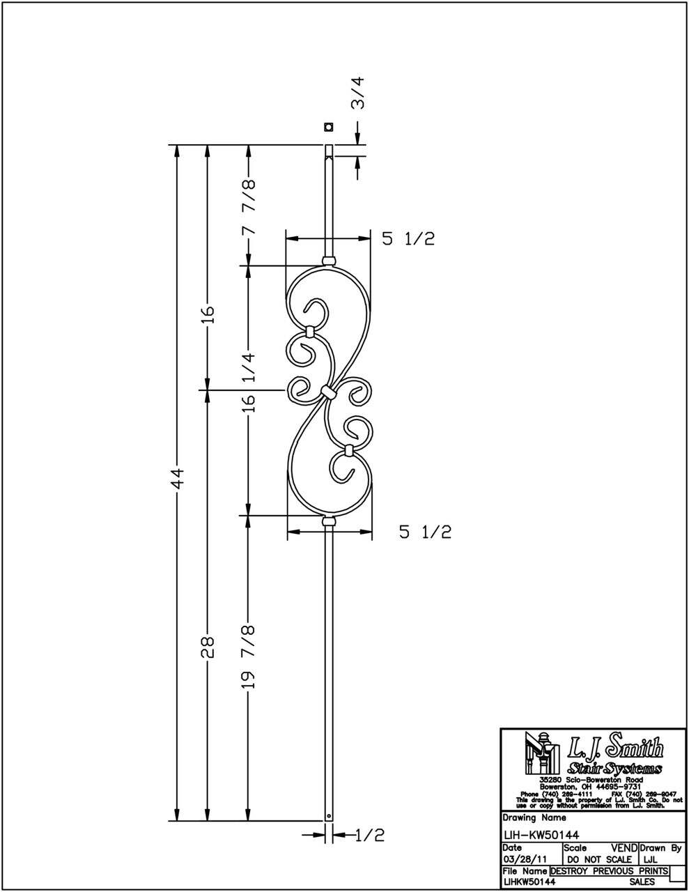 LIH-KW50144 — Kneewall Small Scroll 44" Iron Baluster (1/2" Square Hollow)