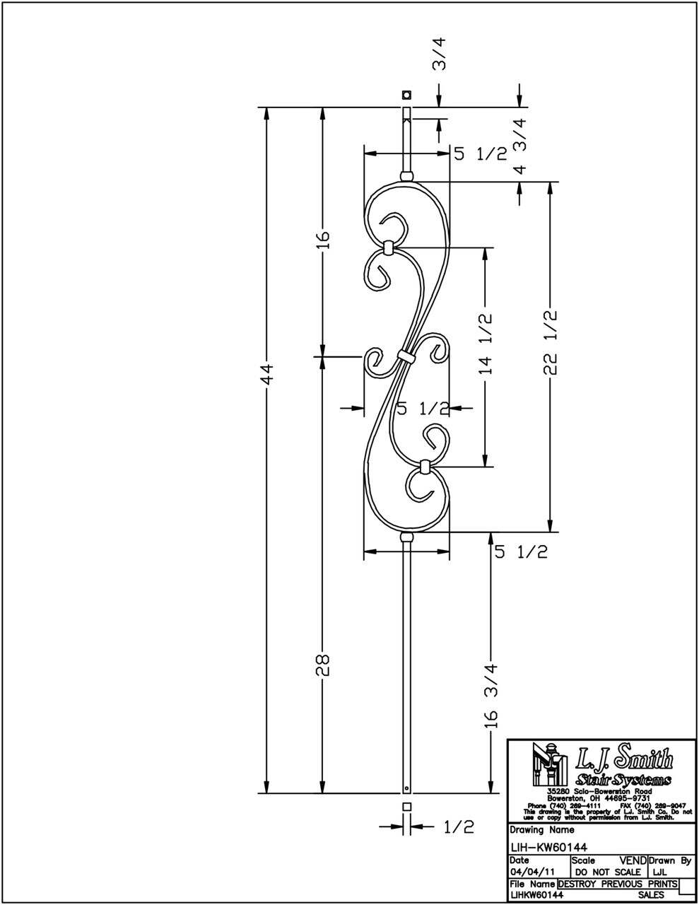 LIH-KW60144 — Skinny Scroll 44" Iron Baluster (1/2" Square Hollow Kneewall)