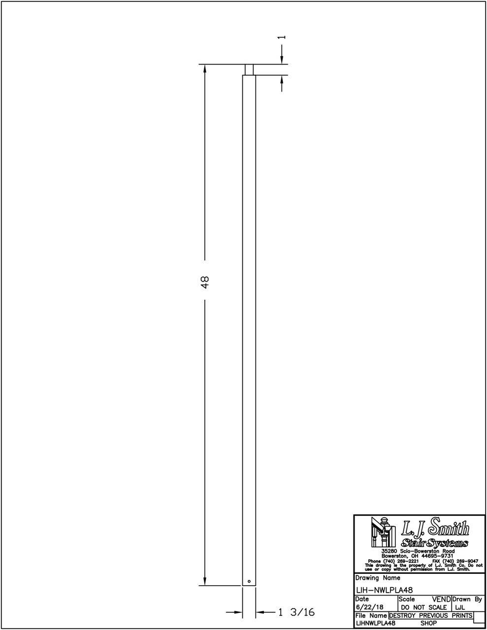 LIH-NWLPLA48 - Single Knuckle 1-3/16’’ Square x 48" Solid Iron Newel