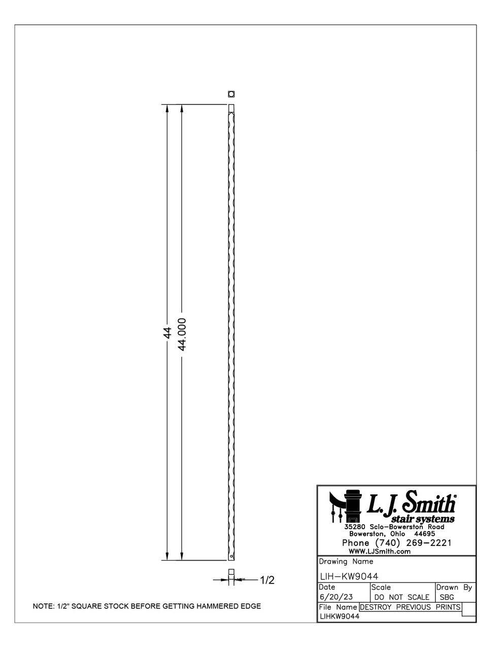 LIH-KW9044 - Hammed Edge  Plain 44" Iron Baluster (1/2" Square Hollow)