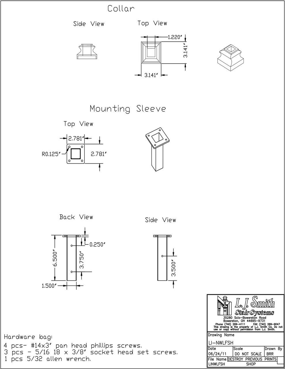 LI-NWLFSH - 1-3/16" Square Solid Iron Newel Shoe and Mounting Kit