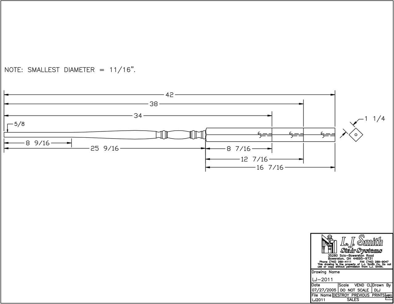 LJ-2011 — LaSalle Pin Top Baluster - 1-1/4" Square - Graduating Bottom Block