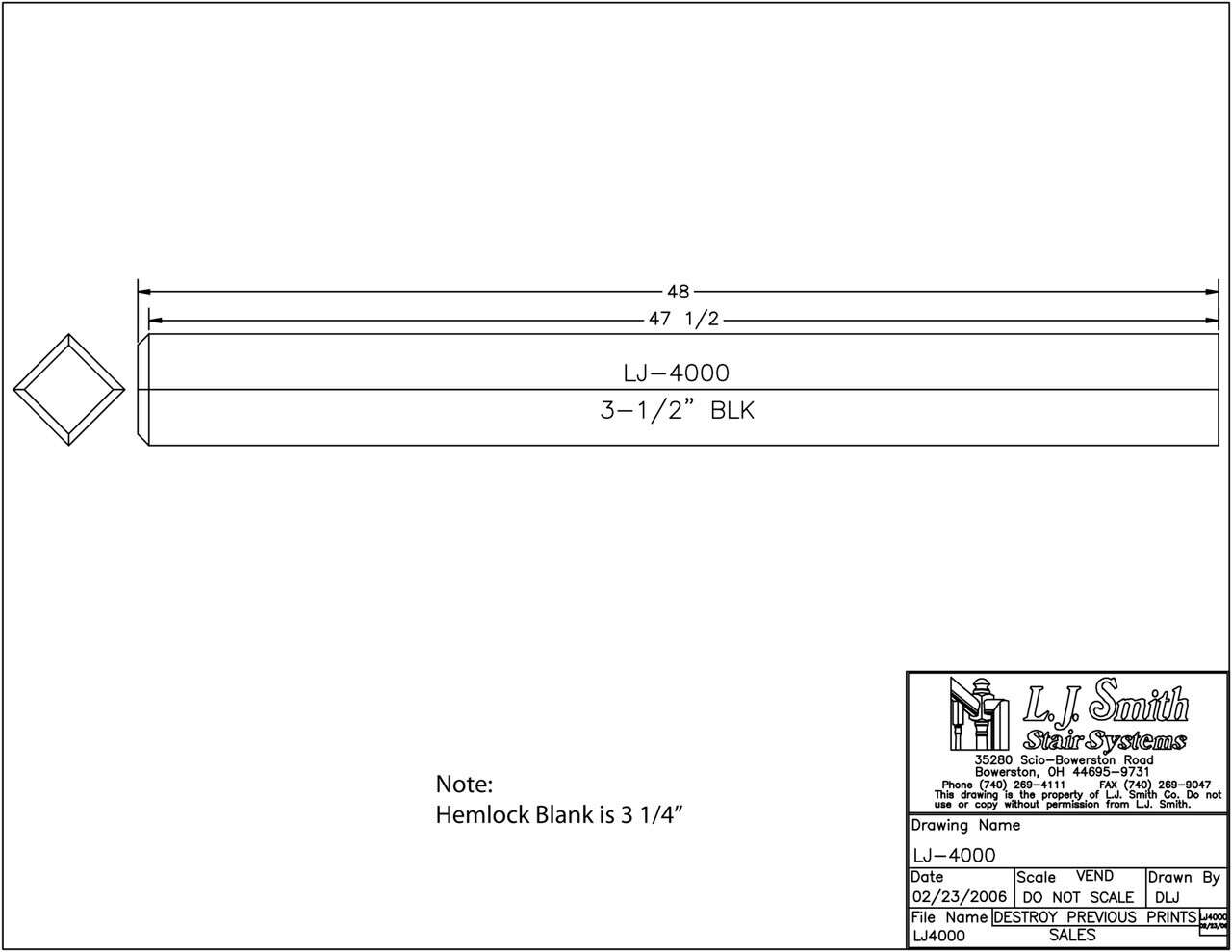 LJ-4000/4001 - Solid Craftsman Newel Post 3-1/2" Square w/ Chamfered Top