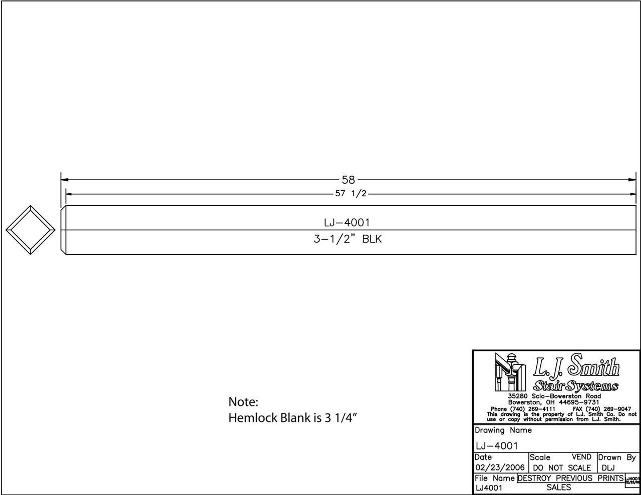 LJ-4000/4001 - Solid Craftsman Newel Post 3-1/2" Square w/ Chamfered Top