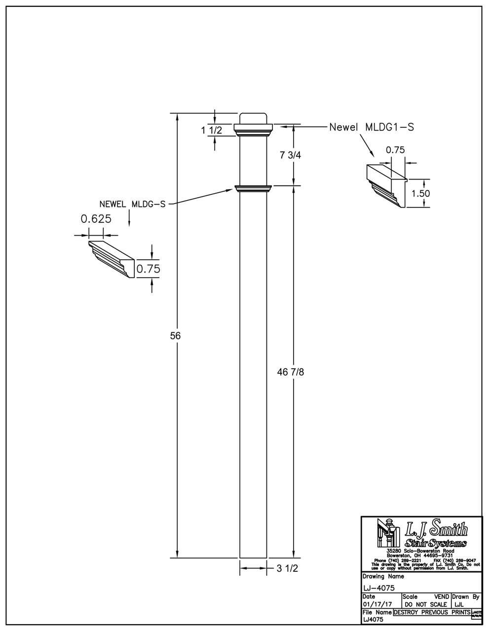 LJ-4075 — Traditional Box Newel  3-1/2" Square x 56"