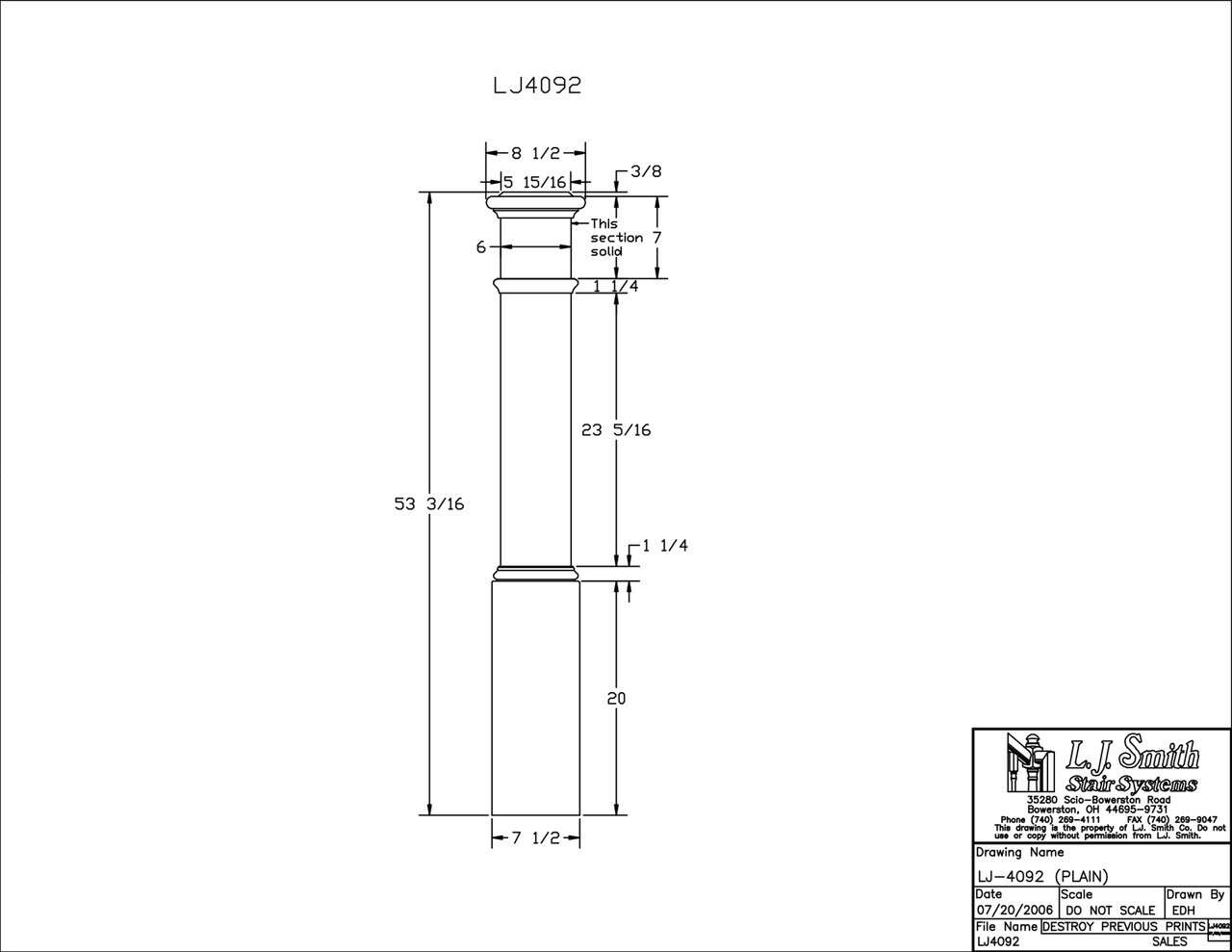 LJ-4092 - Plain Panel Starting Box Newel 7-1/2" Square x 53-1/2"