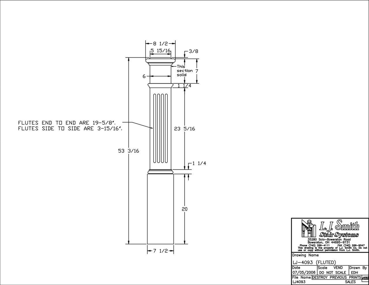 LJ-4093 - Fluted Panel Starting Box Newel 7-1/2" Square x 53-1/2"