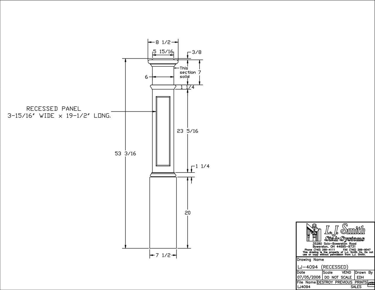 LJ-4094 - Recessed Panel Starting Box Newel 7-1/2" Square x 53-1/2"