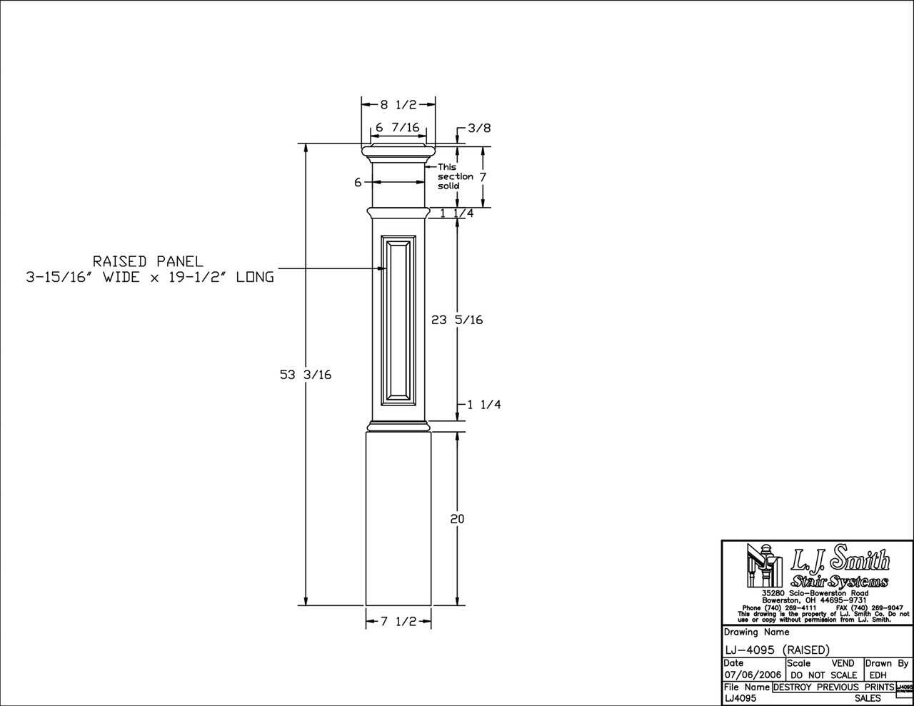 LJ-4095 -  Raised Panel Starting Box Newel 7-1/2" Square x 53-1/2"