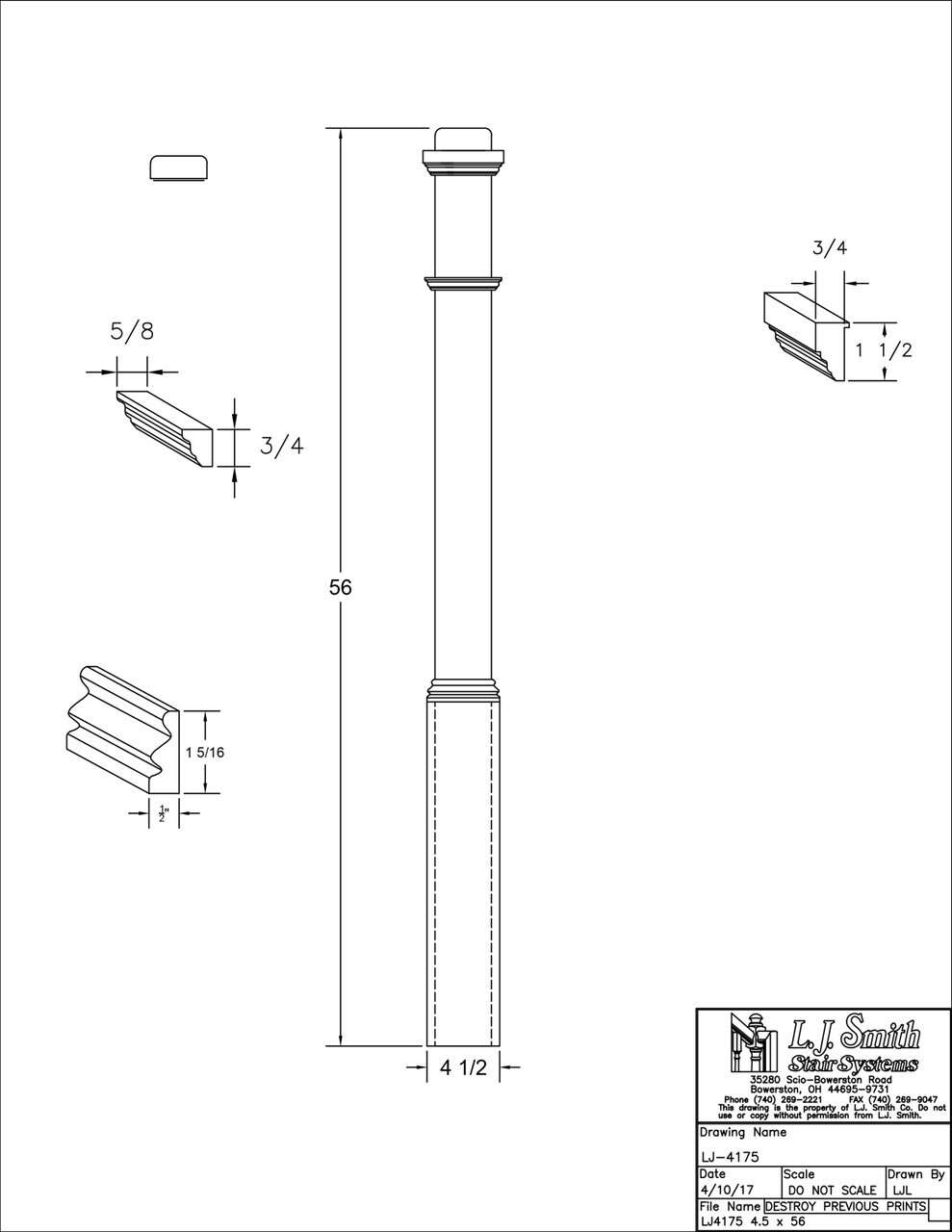 LJ-4175 — Traditional Box Newel  4-1/2" Square x 56"