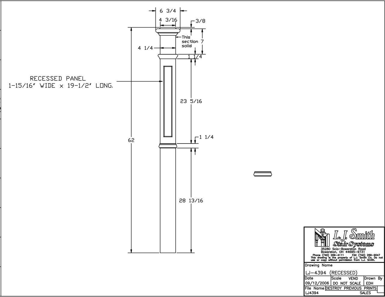 LJ-4394 - Recessed Panel Intermediate Box Newel 4-1/4" Square x 62"