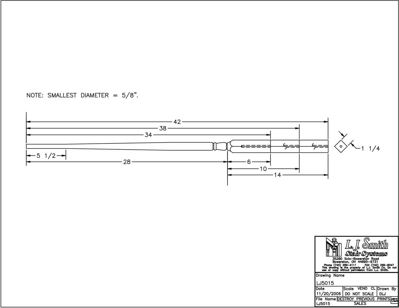 LJ-5015 — Cornerstone Pin Top Baluster - 1-1/4" Square - Graduating Bottom Block