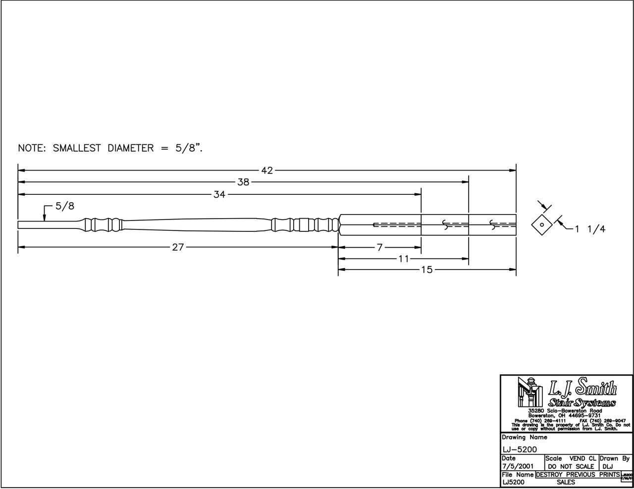 LJ-5200 — Classic (Hampton) Solid Prime Pin Top Baluster - 1-1/4" x 1-1/4" Square - 27" Fixed Turning Length - Variable Bottom Block