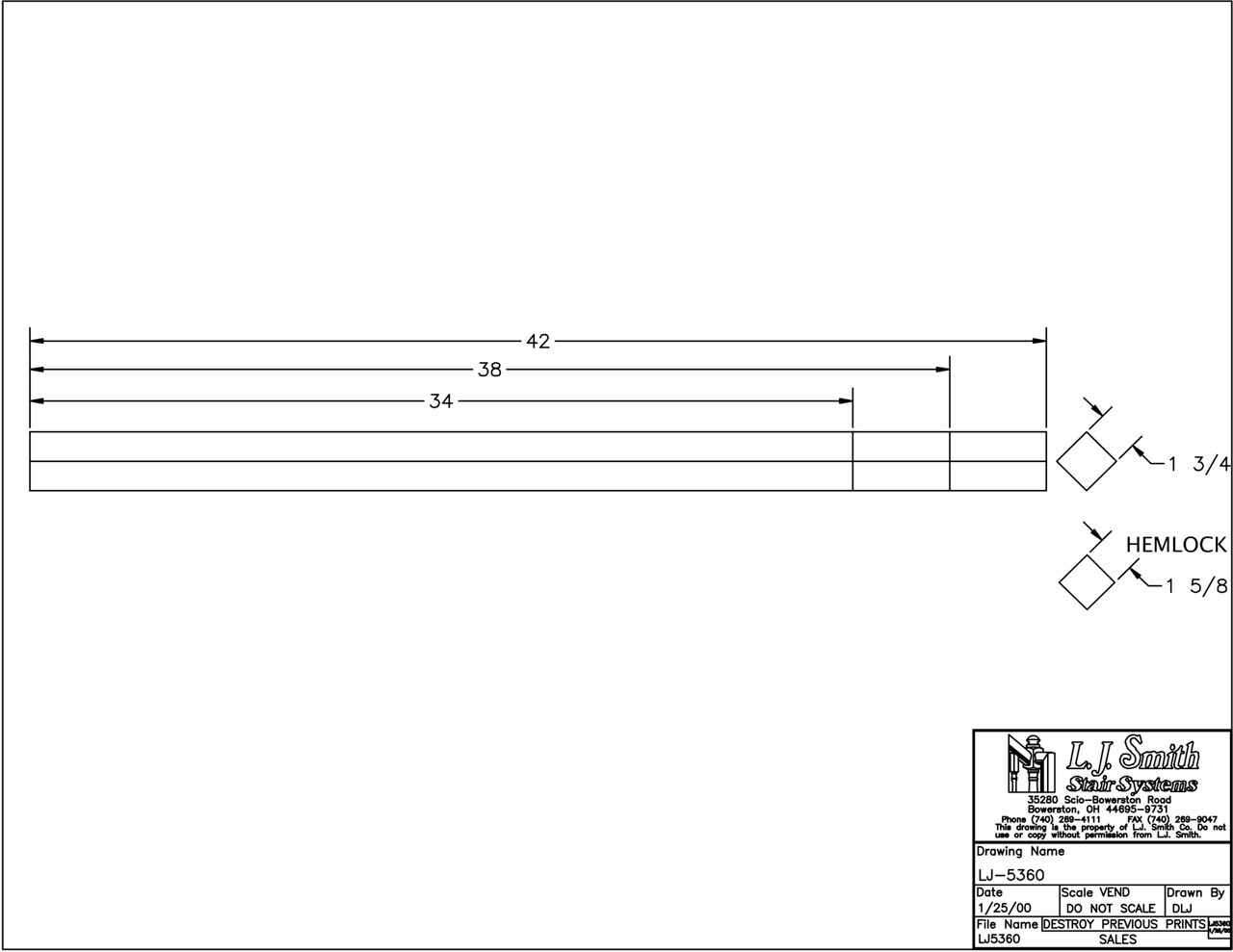 LJ-5360 — Solid "Blank" Baluster  1-3/4" x 1-3/4" Square