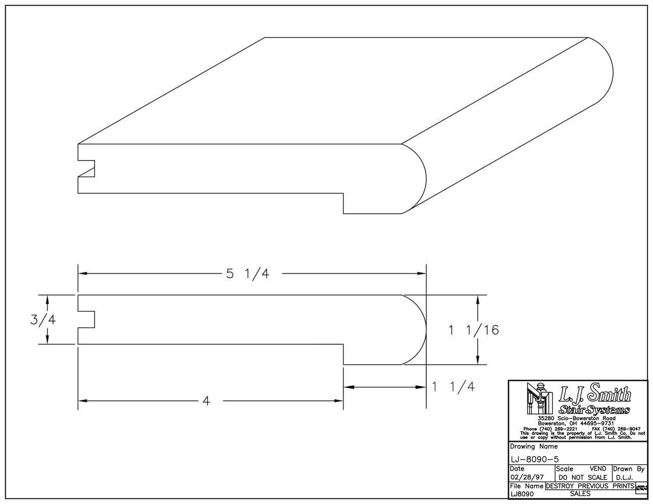 LJ-8190-5 - 5-1/4" Bullnose Landing Tread w/ 3/4" Back Cut